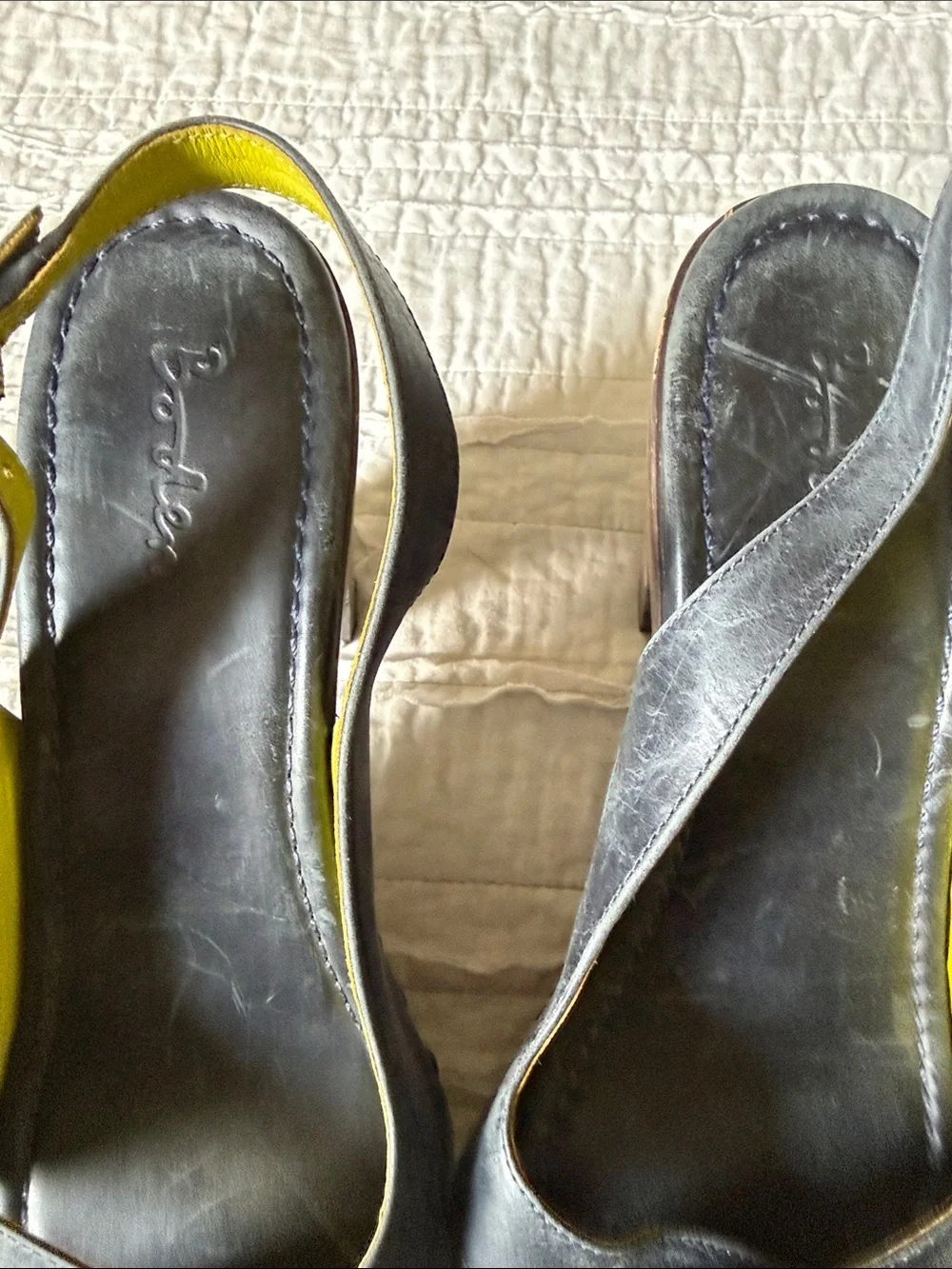 Boden Black Leather Studded Slingback Heels with Yellow Lining